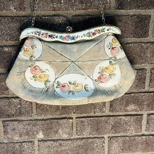 Vintage handbag purse Gladys Golden made in Italy painted burlap  chain strap